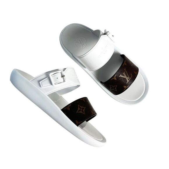 LOUIS VUITTON White Sunbath Flat Slide Sandals 39 US 9 Brown Monogram Canvas - Picture 12 of 12